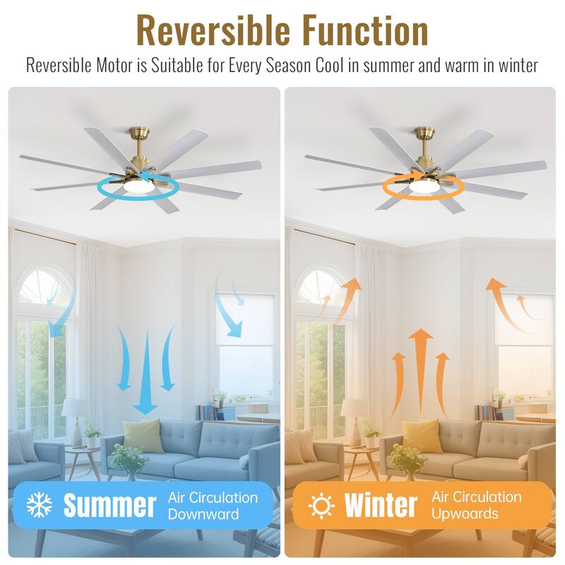 52/66/72/84 Inch Smart Ceiling Fan with Light ,Wall Switch, APP Control,Dimmable LED,8 Blades