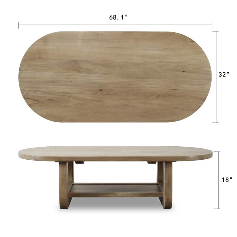 Walnut wood oval coffee table with storage neutral wood tone 68x32x18H