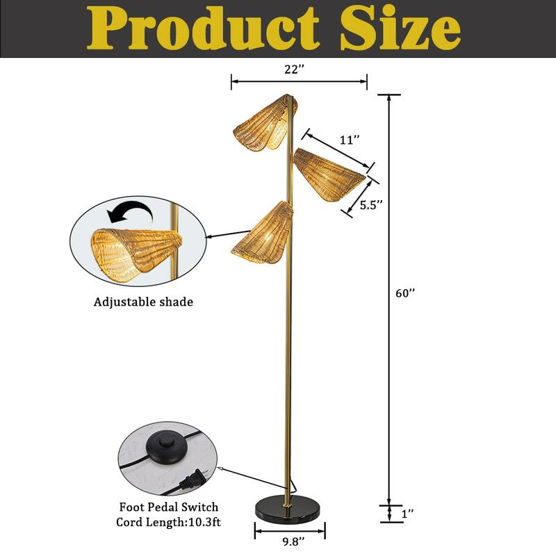 61'' Farmhouse Handwoven Rattan Floor Lamp Coastal 3-Light Standing Lamp With Antique Brass Finish Black Marble Base - W22''