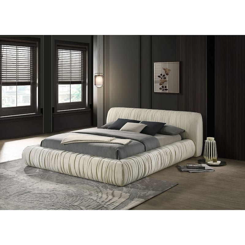 Contemporary Platform Style Ivory Finish Fully Upholstered 1pc Bed