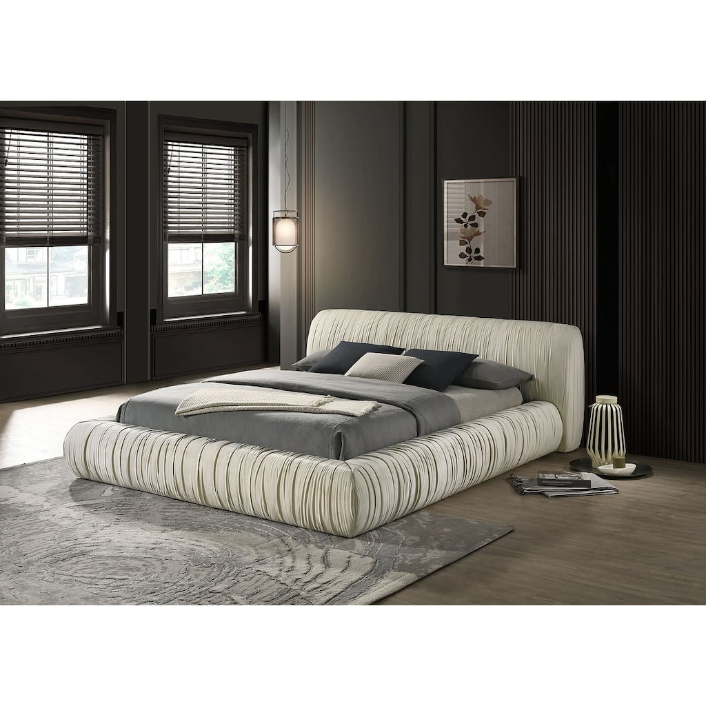 Contemporary Platform Style Ivory Finish Fully Upholstered 1pc Bed