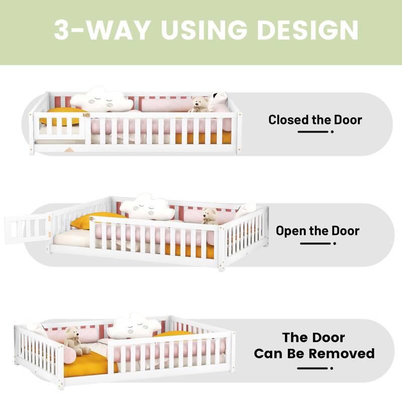 Twin/Full/Queen Size Floor Bed with Safety Guardrails for Kids, Wood Montessori Bedframe w/ Door, Children's Noiseless Beds