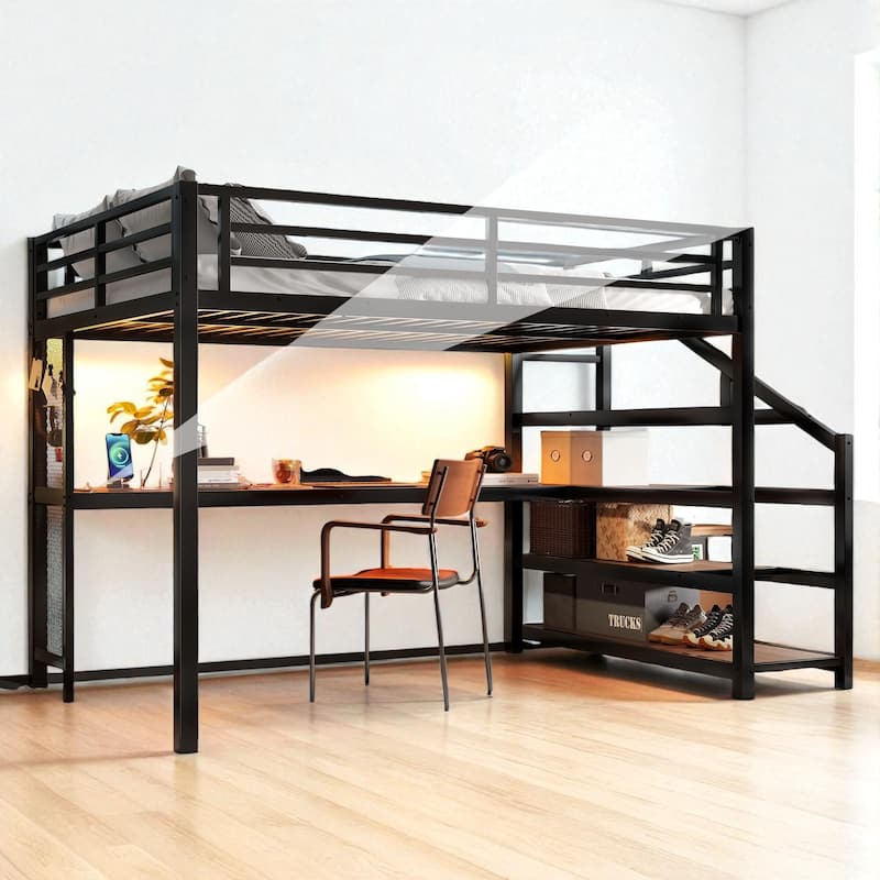 Full/Queen Size Metal Loft Bed with Desk, Storage Stairs, LED Lights, USB Ports and Pegboard, No Box Spring Needed