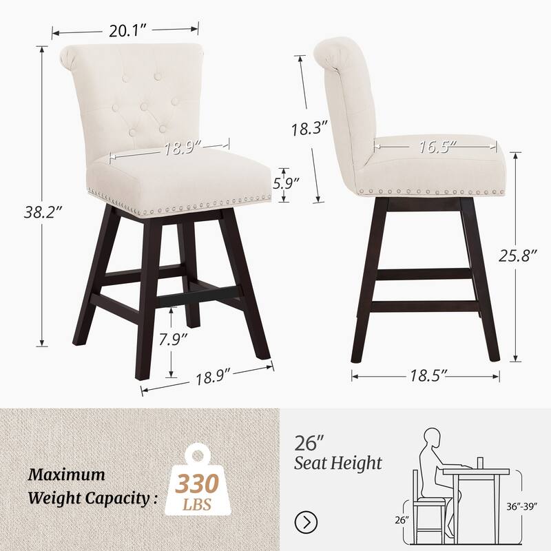 26 in. Set of 2 Bar Stools Counter Height Barstool 360° Swivel with Curved Backrest