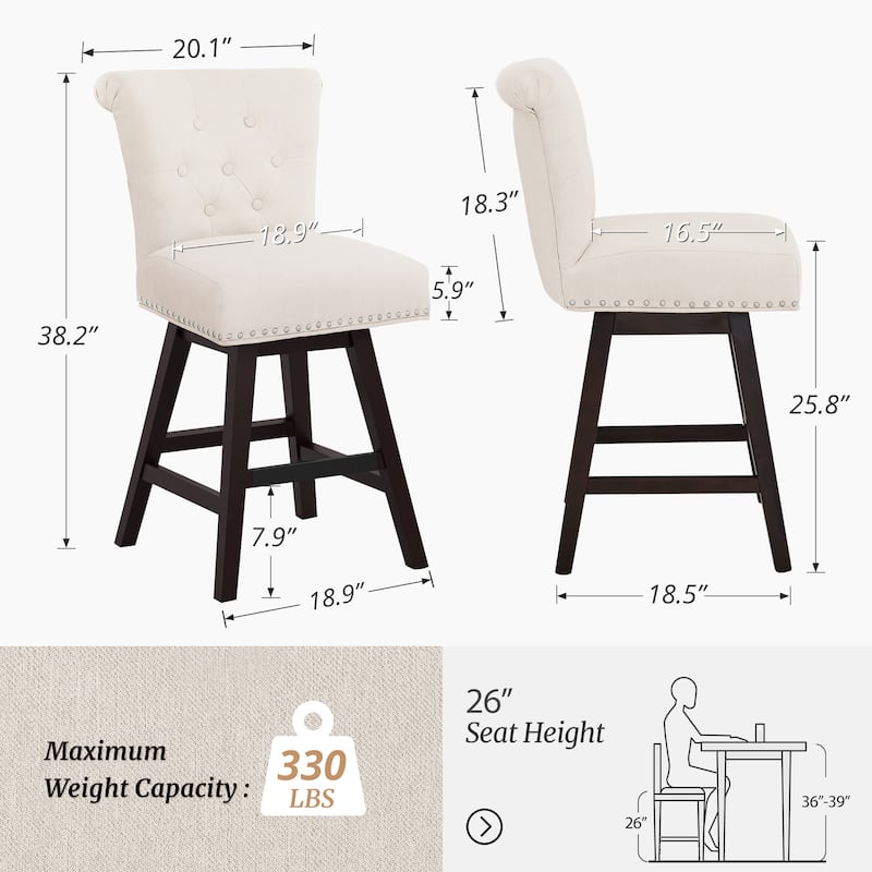 26 in. Set of 3 Upholstered Bar Stools Counter Height Barstool 360° Swivel with Curved Backrest, Armless Stool