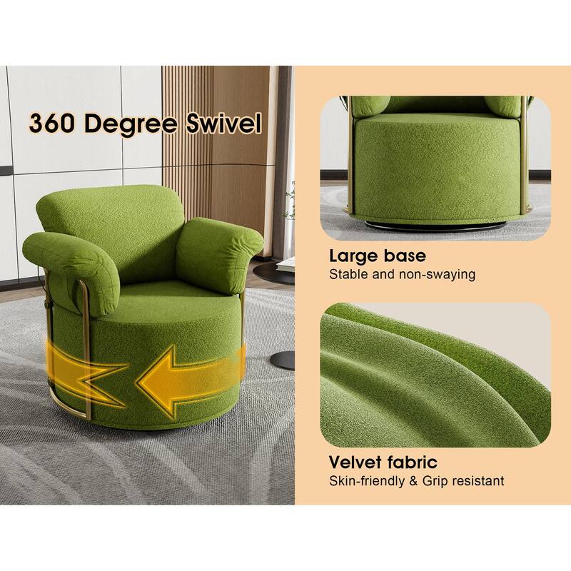 360 Degree Square Swivel Fluffy Fabric Lounge Upholstered Reading Chair with Gold Metal Legs, Green