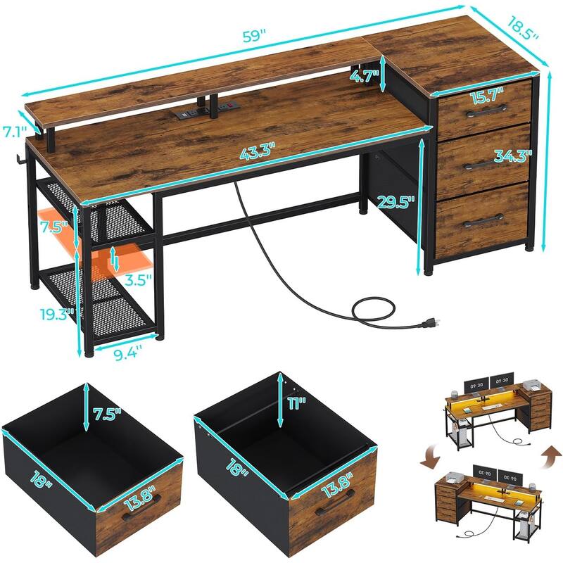 Office Desk 3 Fabric Drawers Computer Desk LED Lights & Power Outlet