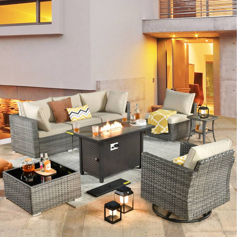 XIZZI 8-piece Patio Outdoor Wicker Furniture Swivel Chair Set with Firepit Table - Beige