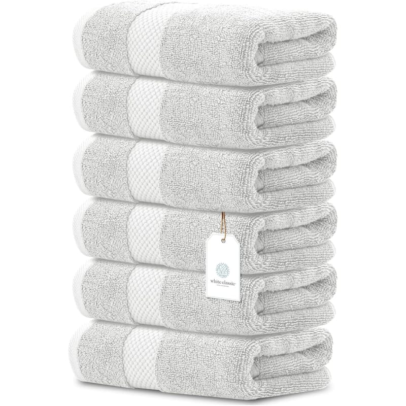 White Classic Luxury Cotton Hand Towel 16x30 - Set of 6 - Silver