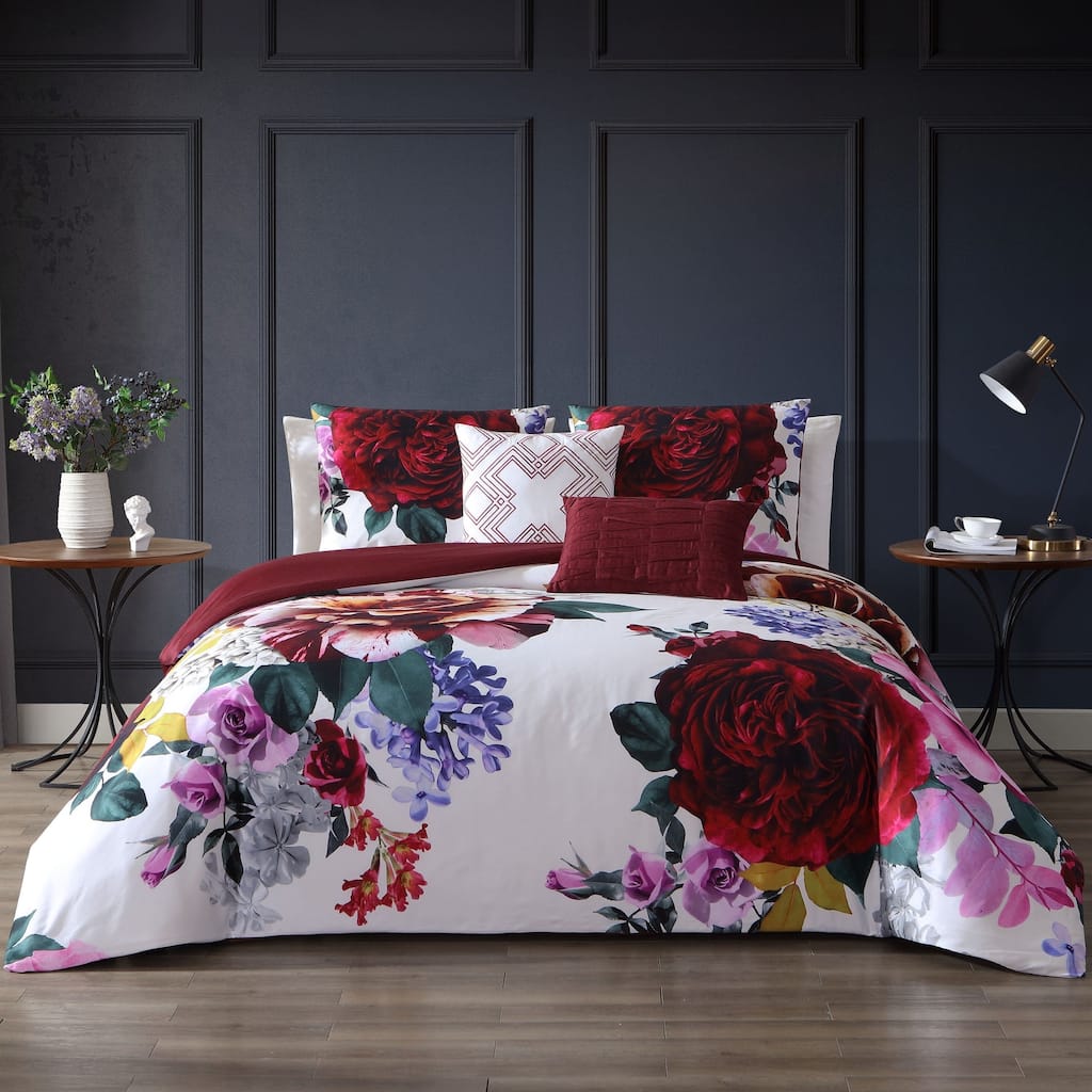 Bebejan Magenta Floral 100% Cotton 5 Piece Reversible Comforter Set