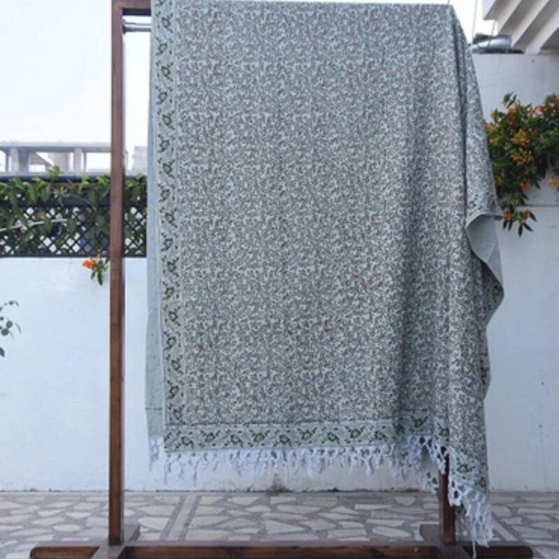 Fabdivine Keri Jaal Handcrafted Cotton Throw - Traditional Indian Block Print Blanket with Fringe, 90" x 54"