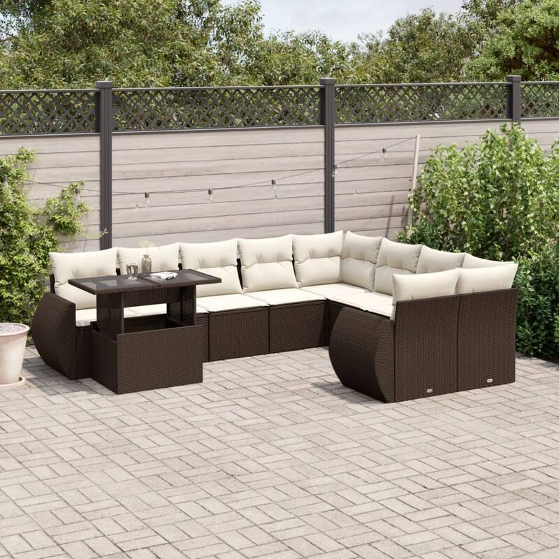 vidaXL Patio Sofa Set with Cushions Outdoor Furniture 10 Piece Poly Rattan - 24.4 x 24.4 x 27.2 - Brown and Cream