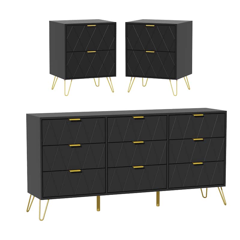 9 Drawer Dresser and Night Stand Sets for Bedroom Set of 2 - Black