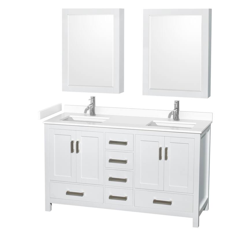 Sheffield Double Bathroom Vanity Set, Cultured Top, Medicine Cabinets - 60-Inch Double - White, White Cultured Marble Top, Chrome Trim