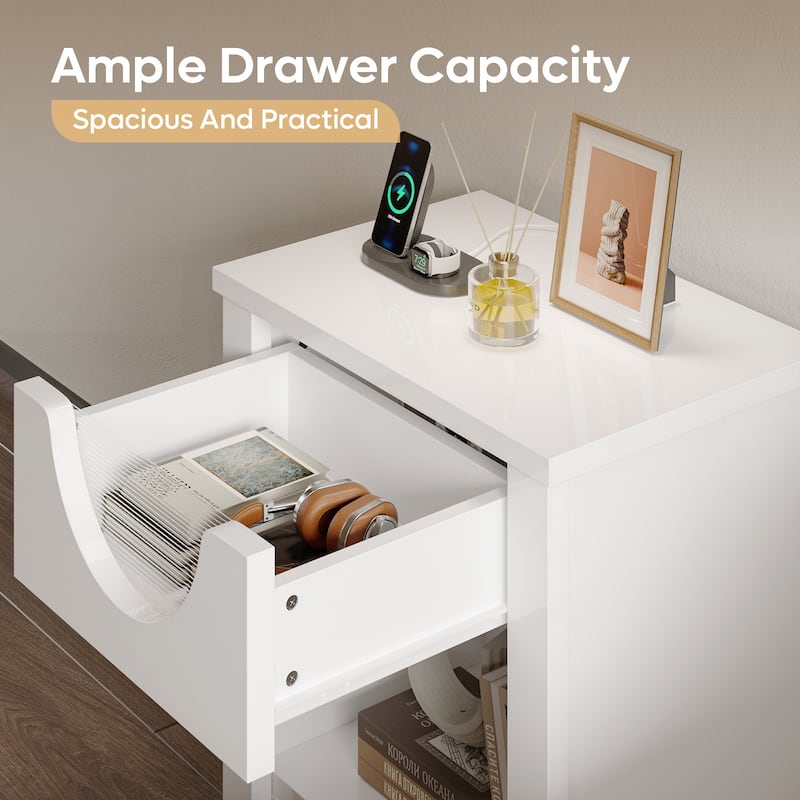 Bestier Nightstands Set of 2 with Charging Station, Modern LED End Table Bedside Table with Drawer for Bedroom & Living Room