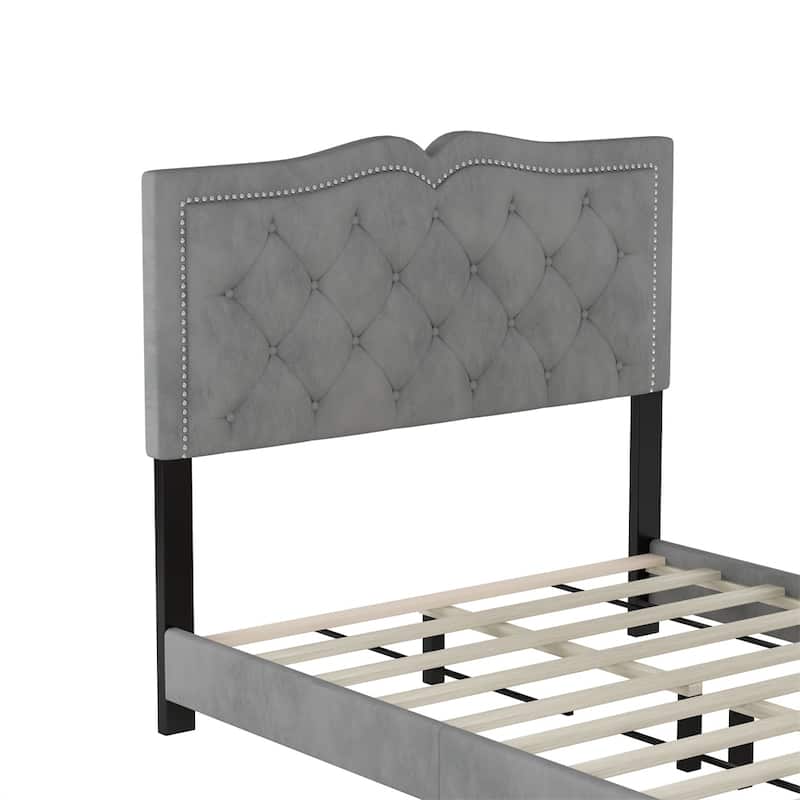 Full Size Upholstered Bed Frame with Rivet Design,Tufted Headboard