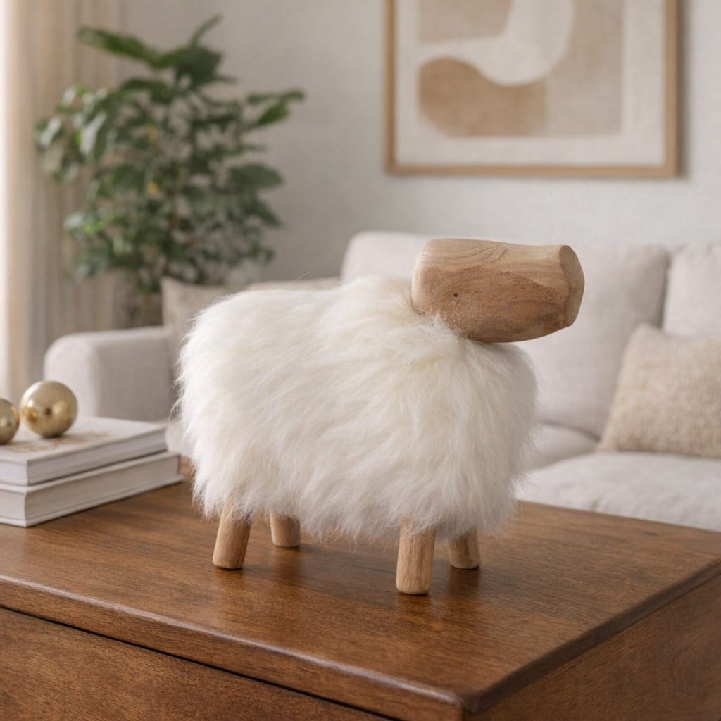 Decorative Wooden Sheep Figurine - 11", Ivory & Tan - 11.0"