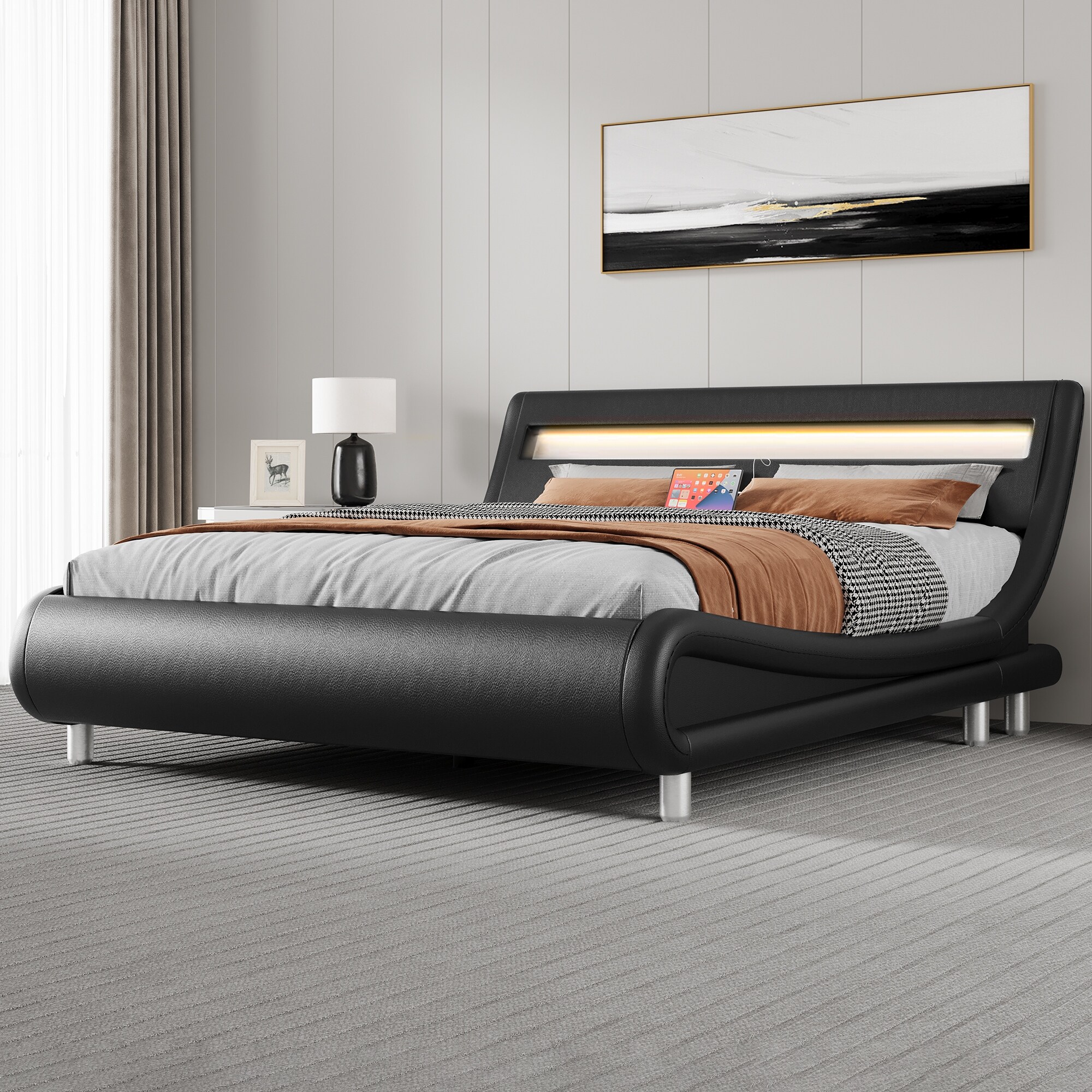 Moasis Ergonomic Headboard Queen Bed Frame Upholstered Led Bed