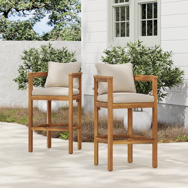 Christopher Knight Home - Lyona Acacia Wood Outdoor Bar Stool (Set of 2) - Teak Finish+Beige Cushion