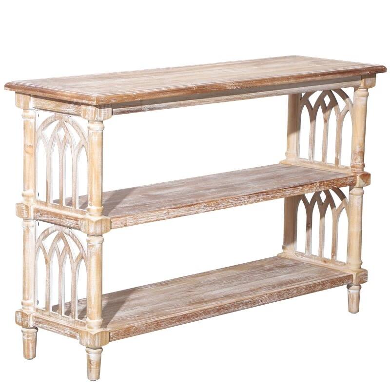 Rustic 3-Tier Console Table with Gothic Details - 47.24 Inch Long Wooden Entryway Table