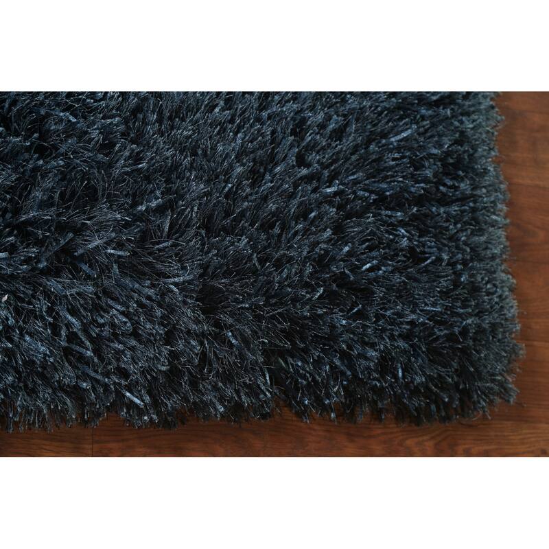 Blue Plush Shaggy Indian Area Rug Hand-Tufted Wool Carpet - 5'0" x 8'0"