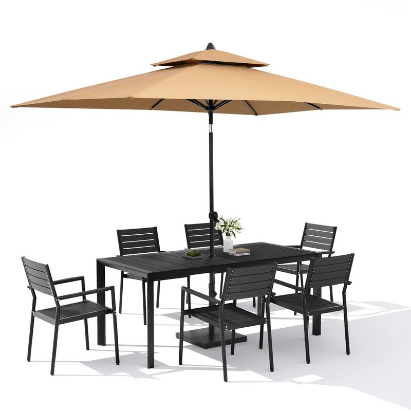 Set of 9 Outdoor Patio Dining Set WoodLike Aluminum Umbrella Hole Table with Stackable Armchairs, Market Umbrella Set