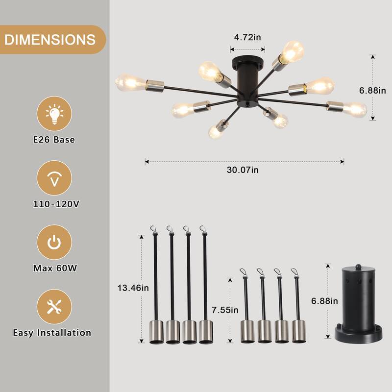 8-Light Modern Semi Flush Mount Sputnik Ceiling Light for Kitchen Bedroom Dining Room