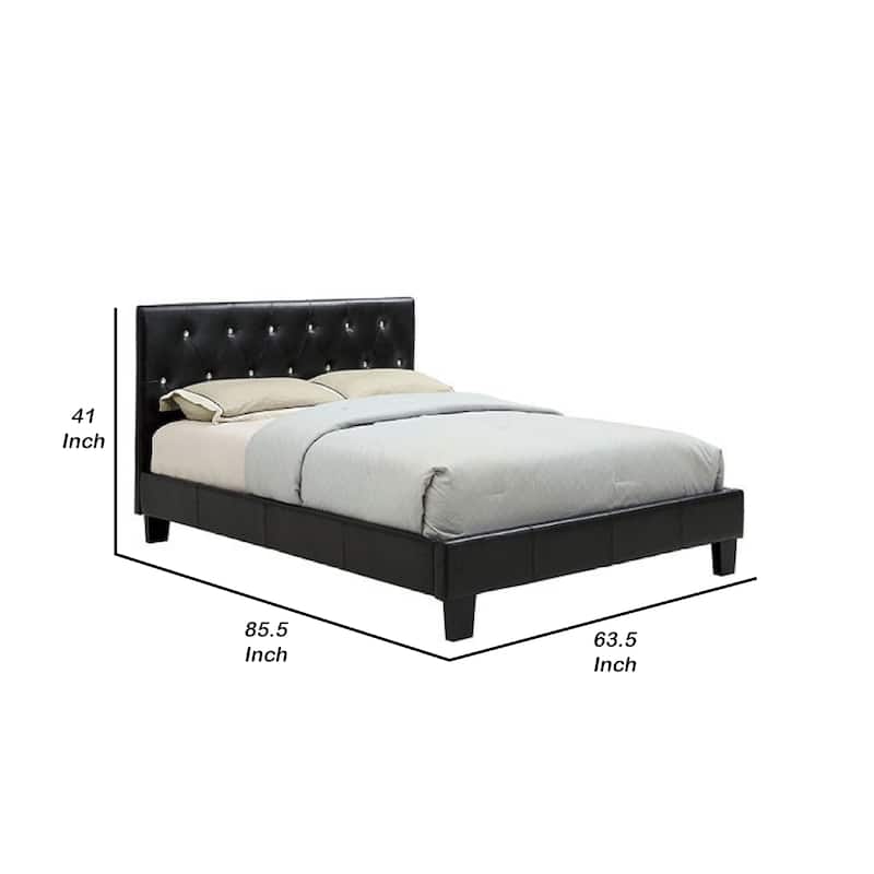 Legy Queen Size Bed, Button Tufted Black Faux Leather Upholstery