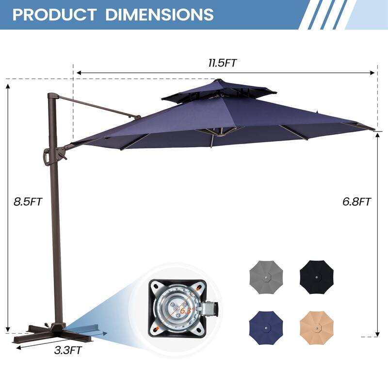 11.5' Cantilever Patio Umbrella with Umbrella Base Stand, Crank Lift, 360 Degree Rotation & Tilt