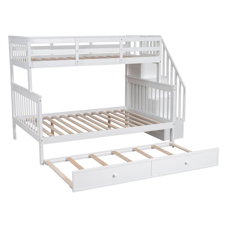 Twin-Over-Full Bunk Bed with Twin size Trundle, Storage and Guard Rail for Bedroom, Dorm, for Adults, White