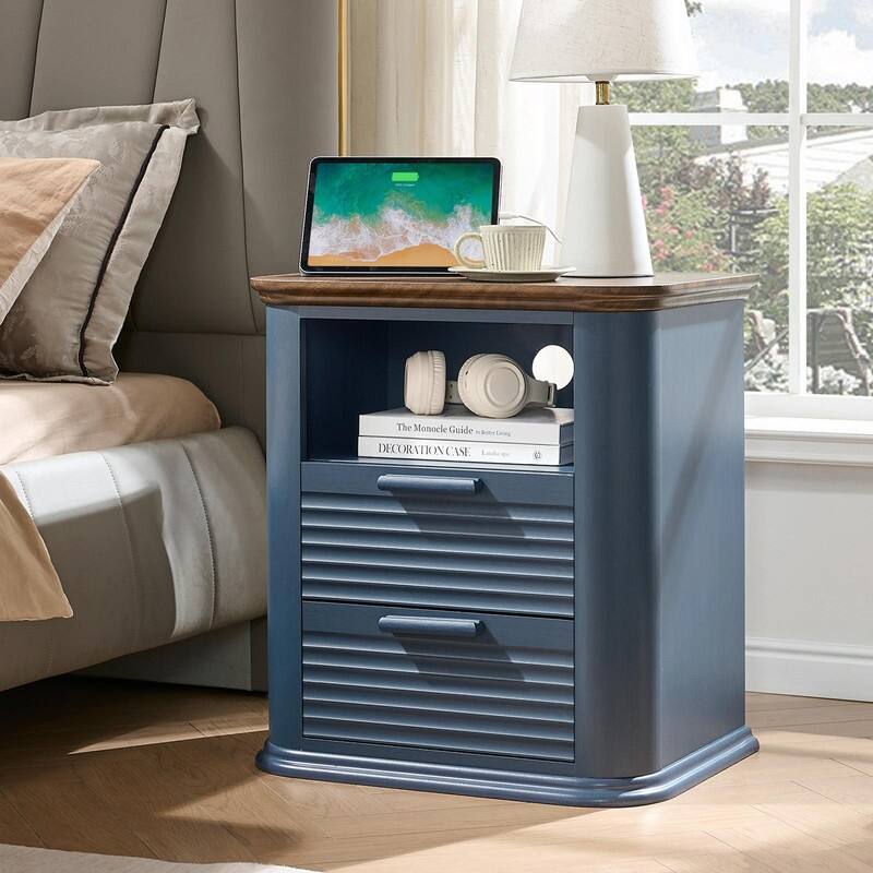 22" Fluted Nightstand with Charging Station - Modern End Table with 2 Drawers and Open Storage