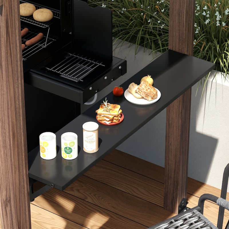 Outdoor Cedar Wood BBQ Grill Gazebo with Steel Hardtop Roof and Dual Side Bar Shelves