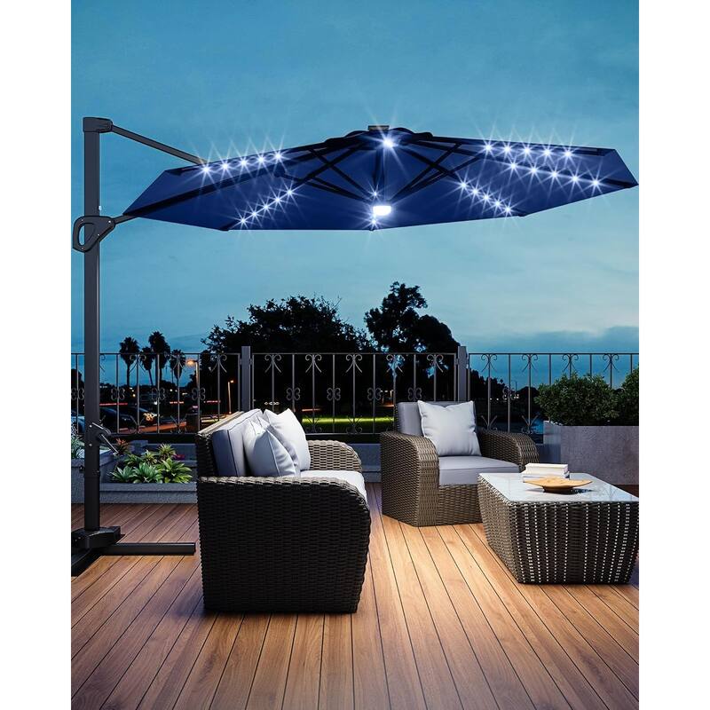 10FT Outdoor Cantilever Umbrella Patio Umbrella Solar LED with Base Included, 360-Degree Rotation - Navy
