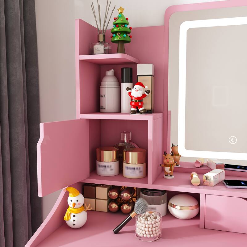 3-Color LED Vanity Mirror with Stool, Pink Dressing Table for Bedroom, 2 Drawers & 5 Storage Cabinets (4 Open + 1 Hidden)