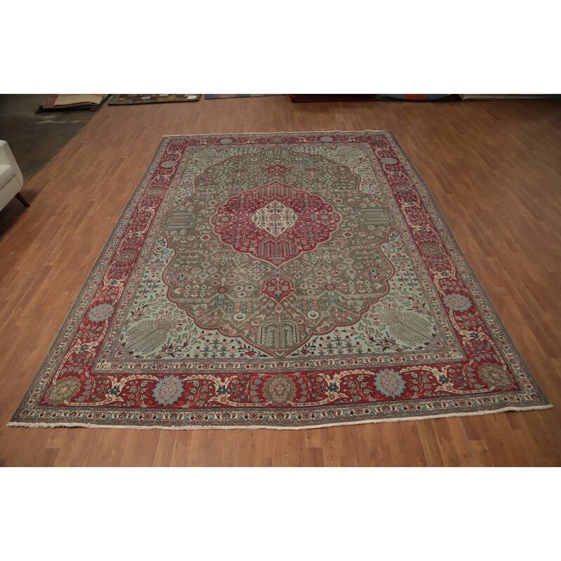 Hand Knotted Oriental 100% Wool Carpet Traditional Floral Greys & Charcoal Tabriz Area Rug - 13' 1'' X 9' 7''