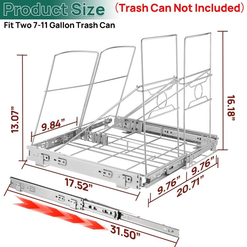 Side Pull Stainless Steel Kitchen Adjustable Trash Slide Out Shelf - 70 Quarts