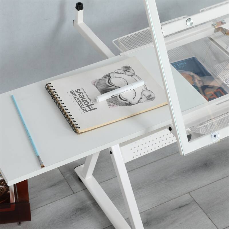 Adjustable Tempered Glass Drafting Table with Stool and Metal Frame