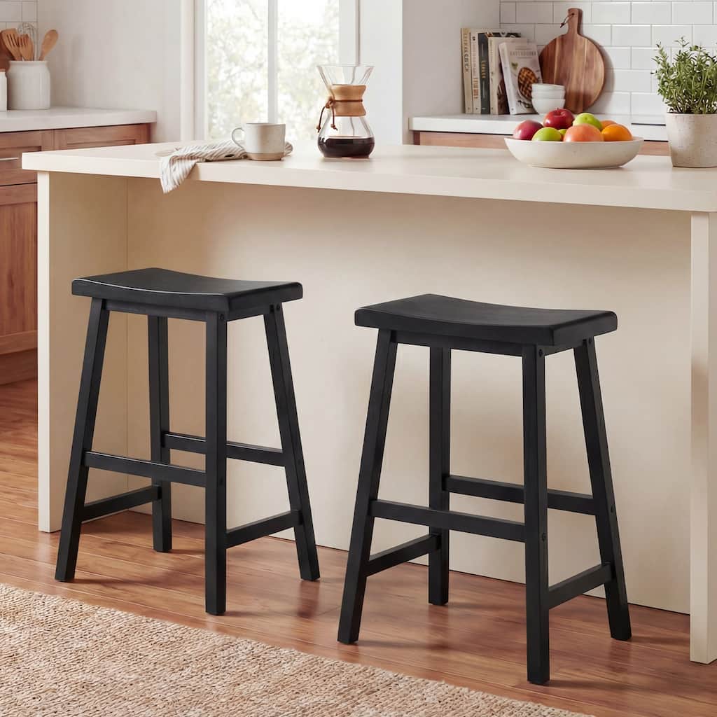 Gymax Solid Wood Saddle Bar Stools Set of 2 Backless Wooden Barstools
