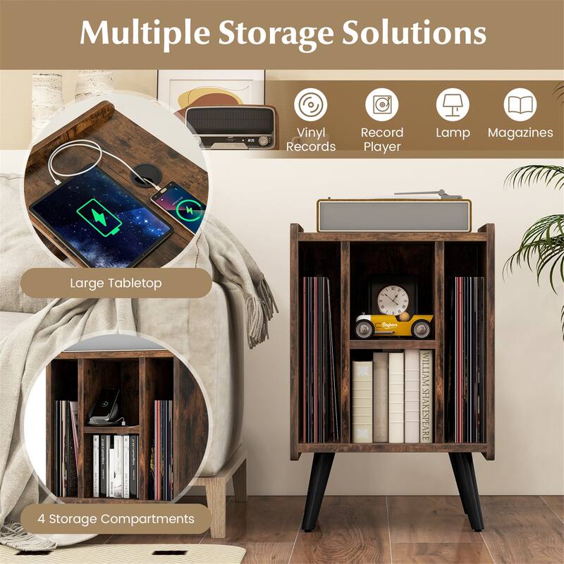 Gymax Record Player Stand w/ 4 Storage Compartments Supporting Legs