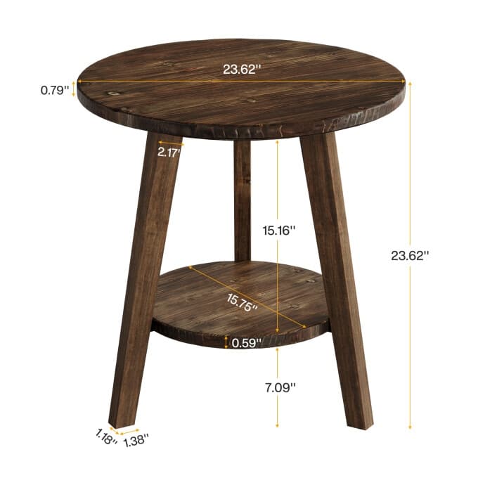 2-Tier Solid Wood Side Table, Circular End Table, Rustic Bedside Table