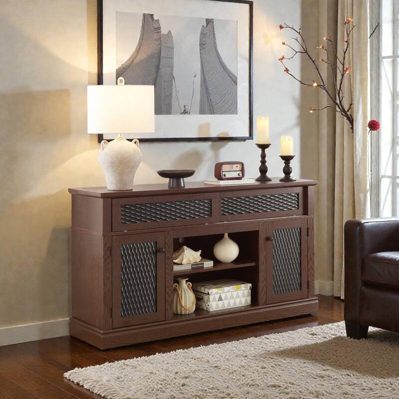 58 Inch Embossed Pattern TV Stand for TVs up to 65 Inch, Media Console with Sliding Door, Open Storage & Cable Management