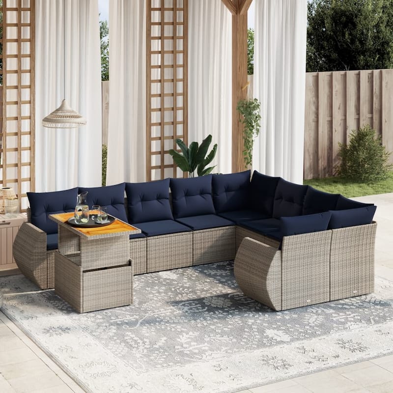 vidaXL Patio Sofa Set with Cushions Outdoor Furniture 10 Piece Poly Rattan - 24.4 x 24.4 x 27.2 - Grey-5x middle+Table+2x corner