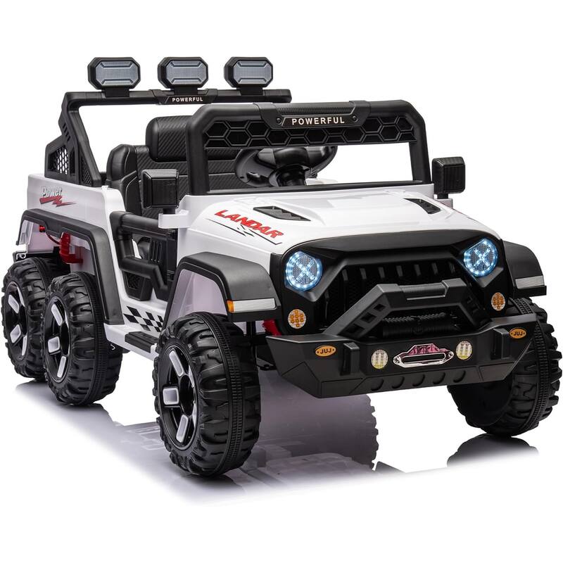24V Electric Ride on Truck for Kids,Wide Seater Battery Powered Truck with Remote Control, Music,LED Cool Lighting,4WD - White