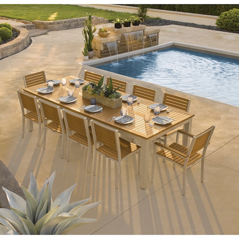 Oxford Garden Travira 11-piece 103-in x 42-in Tekwood Natural Table & Slat Chair Dining Set - Silver