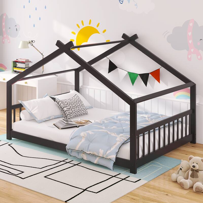Wooden House Bed Frame with Headboard and Footboard, Cute Montessori Platform Bed with Roof for Kids, Teens, Boys or Girls