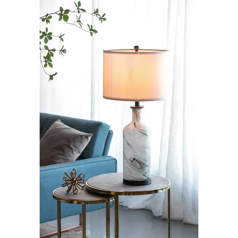 14x14x28.5" Sarris Tall Gray & White Swirl Glass Table Lamp w/ Linen Shade, Back Metal Base