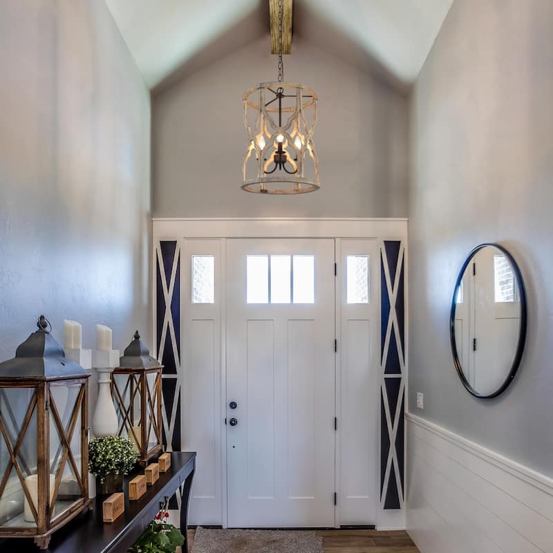 Modern Farmhouse 3-Light Wood Chandelier Lantern Pendant for Kitchen Island Foyer