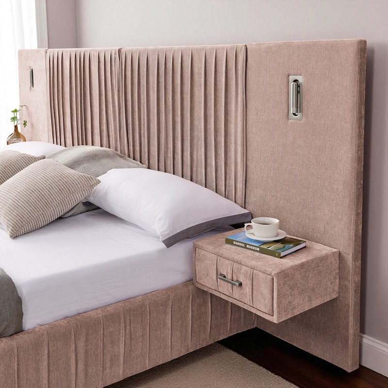 King Upholstered Platform Bed with Pleated Chenille Headboard, Built-in Bedside Table & Adjustable Lamps, No Box Spring