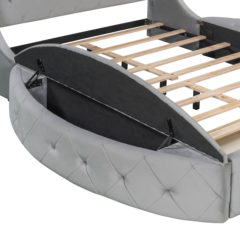 Low Profile Bed Queen Size Velvet Upholstered Platform Bed with Wingback Headboard, Big Drawer and 2 Semicircle Side Stools