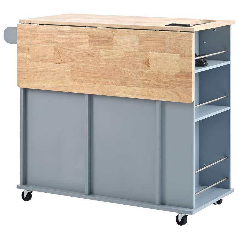 Open Rolling Kitchen Island on Wheels with Drop Leaf and Power Outlet